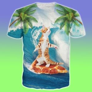Funny Tropical Surfing Pizza Kitty Cat Colorful Palm Tree Shirt